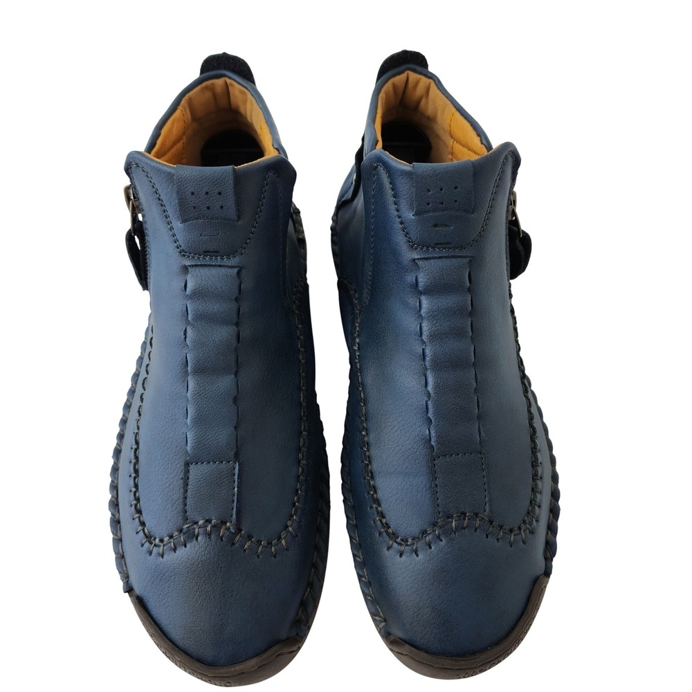 Fashion Sport Blue Leather Hand Stitched Ankle Boots Side Zip 6609.39 Mens 7